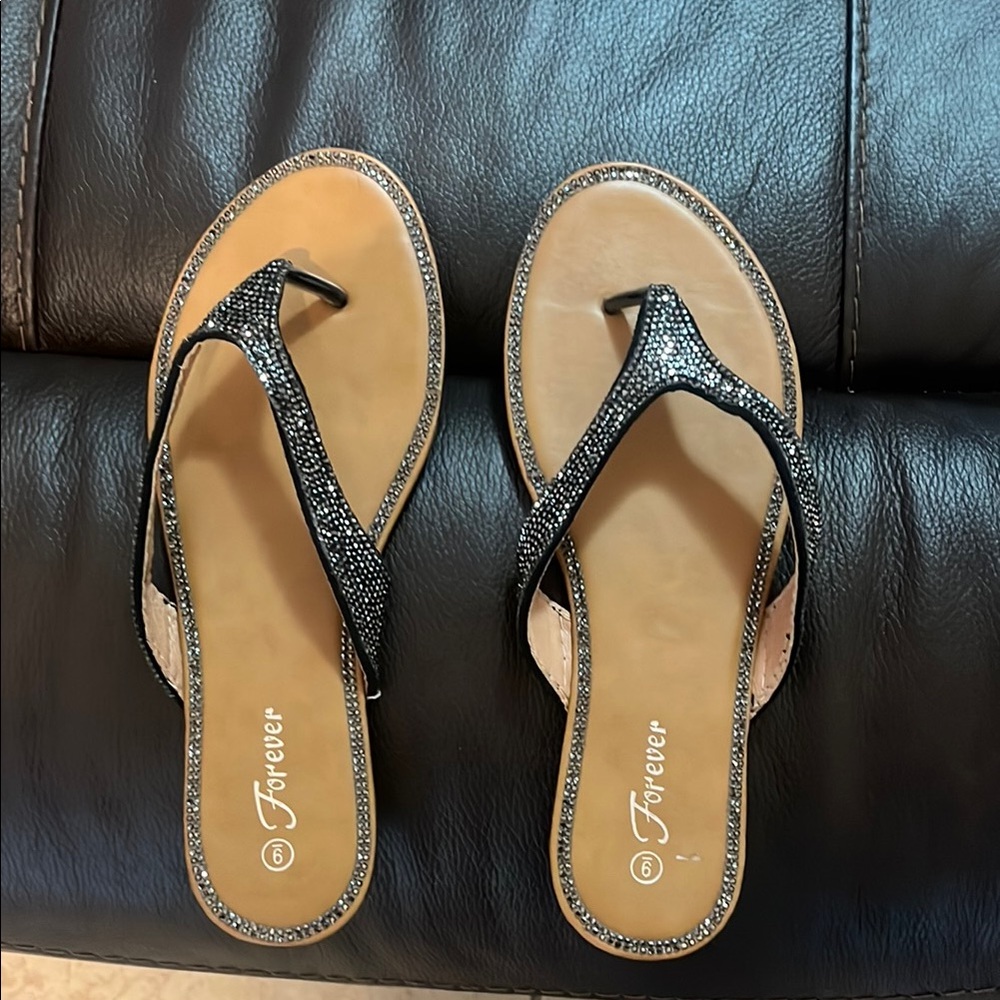 Forever Black and Tan Sandals Rhinestone Design